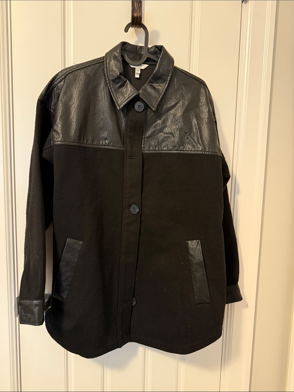 Women's Black Mixed-Media Leather-Trim Jacket